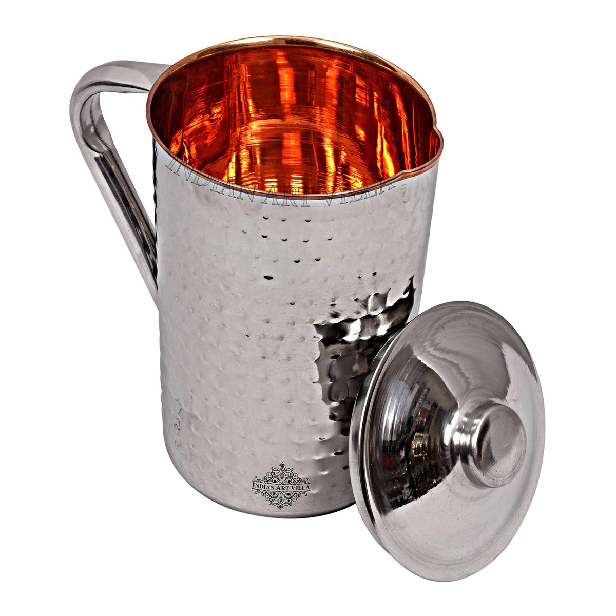Indian Art Villa Steel Copper Hammered Design Carafes with Lid, Storage & Serving Water, Beneficial for Health, Volume-1000 ML