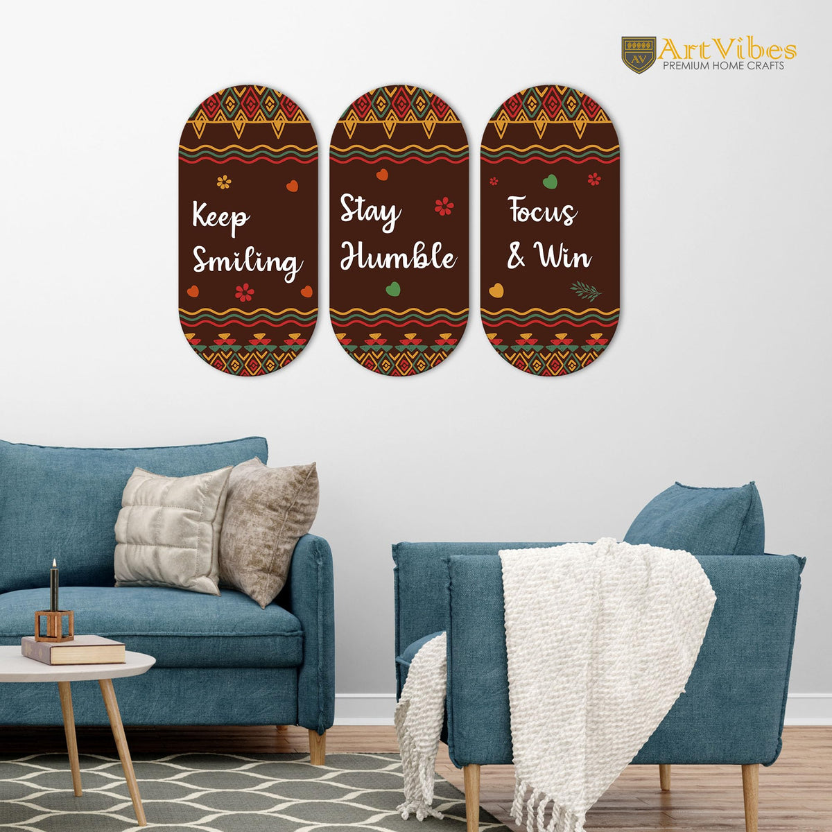 Artvibes Keep Smiling Positive Quotes Printed Wooden Wall Hanger for Home | Office | Living Room | Gift | Modern Decoration Items | Kitchen Wall Decor | Artworks (WH_9013N), Set of 3