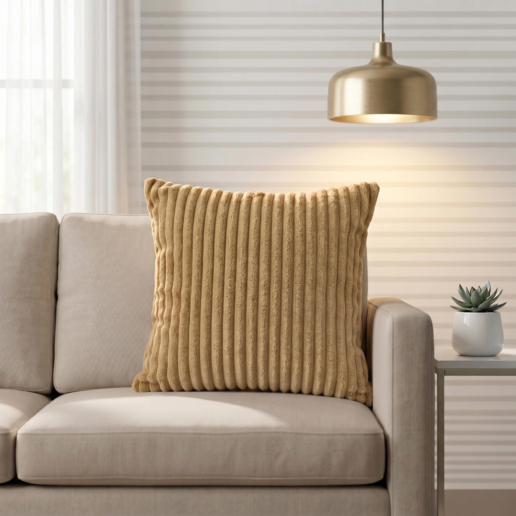 Yellow Weaves Pencil-Stripe Fur Cushion Covers | Soft Polyester | Decorative Sofa & Throw Pillow Covers | 16x16 Inches, Pack of 1 (Golden Brown)
