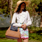 HIE Nova Tote Woven Nylon Raffia Design, Attached Earphone Case, Front Pocket with Magnetic Stud Closure, Spacious Boat-Shape Interior, Stylish Bag for Women & Girls Perfect for Travel and Work.
