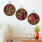 Artvibes Floral Art Round Shape MDF Wooden Wall Decor Items | Living Room | Office | Cafe | Scenery For Drawing Room | Aesthetic Wooden Decor | Ethnic Wall Decor | Gift Items (WH_9906N), Set of 3