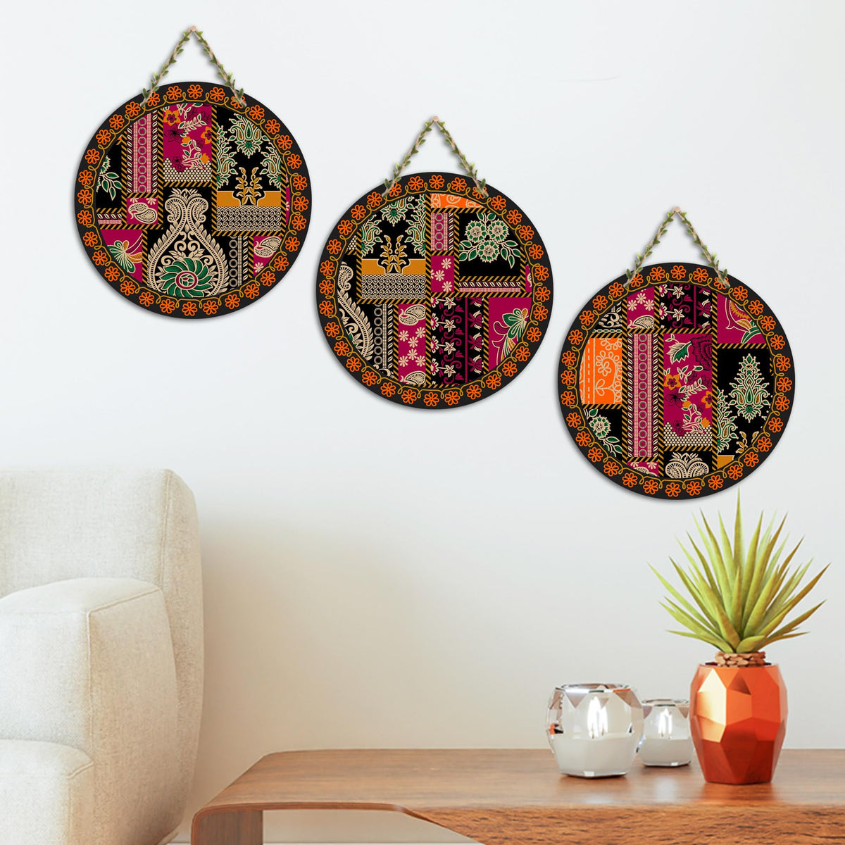Artvibes Floral Art Round Shape MDF Wooden Wall Decor Items | Living Room | Office | Cafe | Scenery For Drawing Room | Aesthetic Wooden Decor | Ethnic Wall Decor | Gift Items (WH_9906N), Set of 3