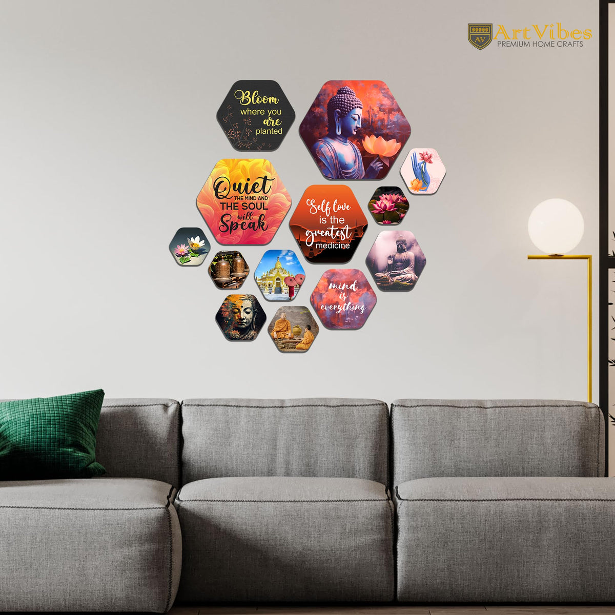 Artvibes Quiet The Mind And The Soul Will Speak Hexagon Shape MDF Wooden Wall Decor Items | Art For Wall | Wall Sculpture | Signs & Plaques | Aesthetic Wooden Decor | Gift Items (WPS_203N), Set of 13