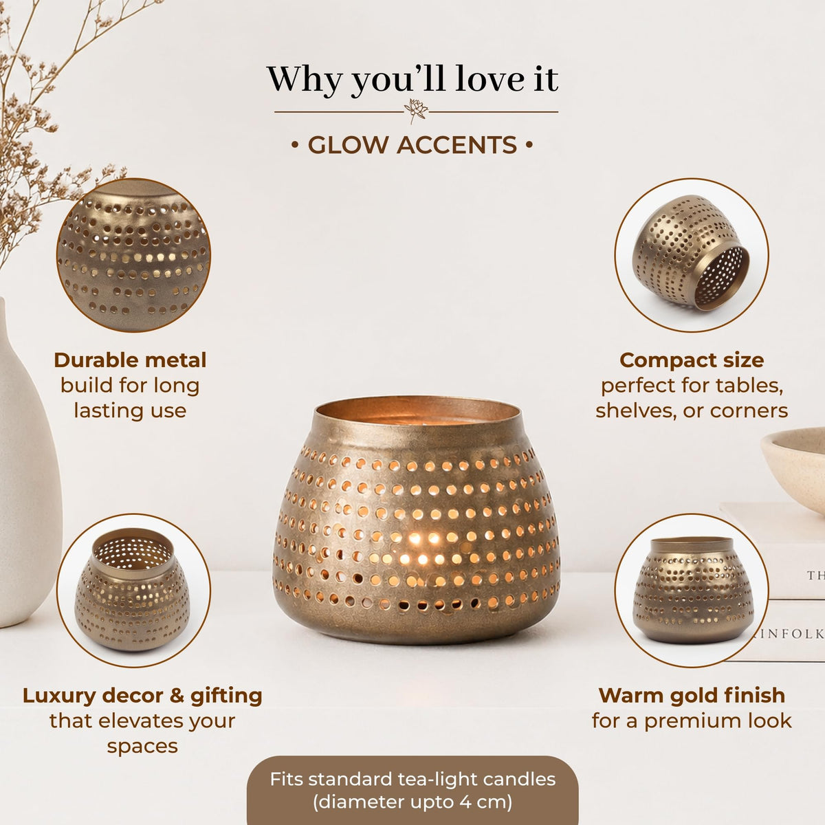 Habere India-All the Cultures Fabricating India Metal Candle Holder | Handcrafted Decorative Diya for Home Decor | Diwali Festive Gift | Pooja Room Tea Light Holder (Design01: L10 x W10 x H8 cm)