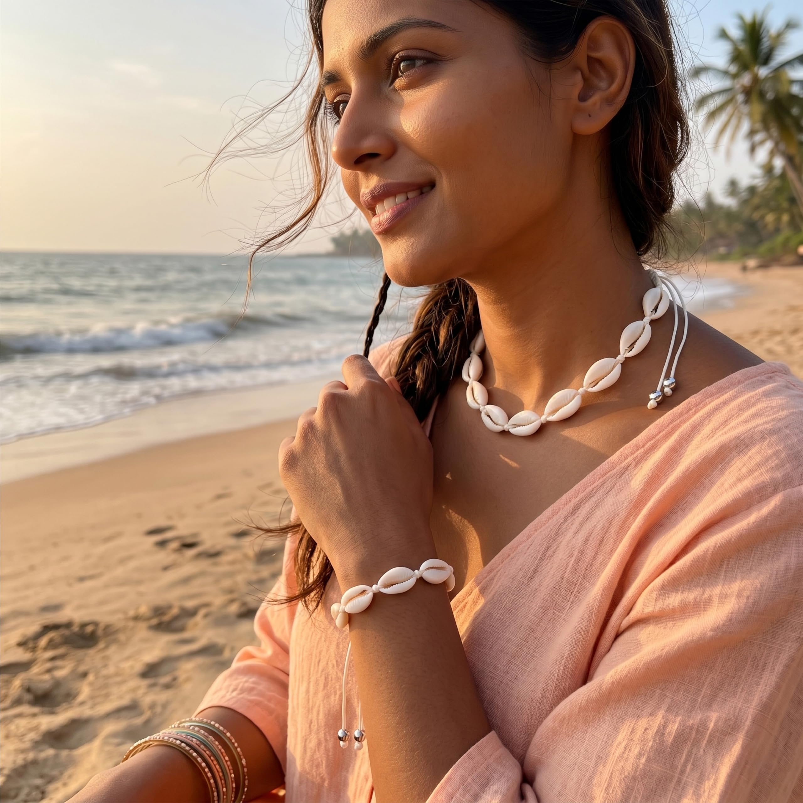 BOHENOOR Cowrie Choker Necklace & Bracelet Set | Handmade Adjustable Beach Jewellery for Women & Girls | Boho Style White Shell Summer Accessories (White)
