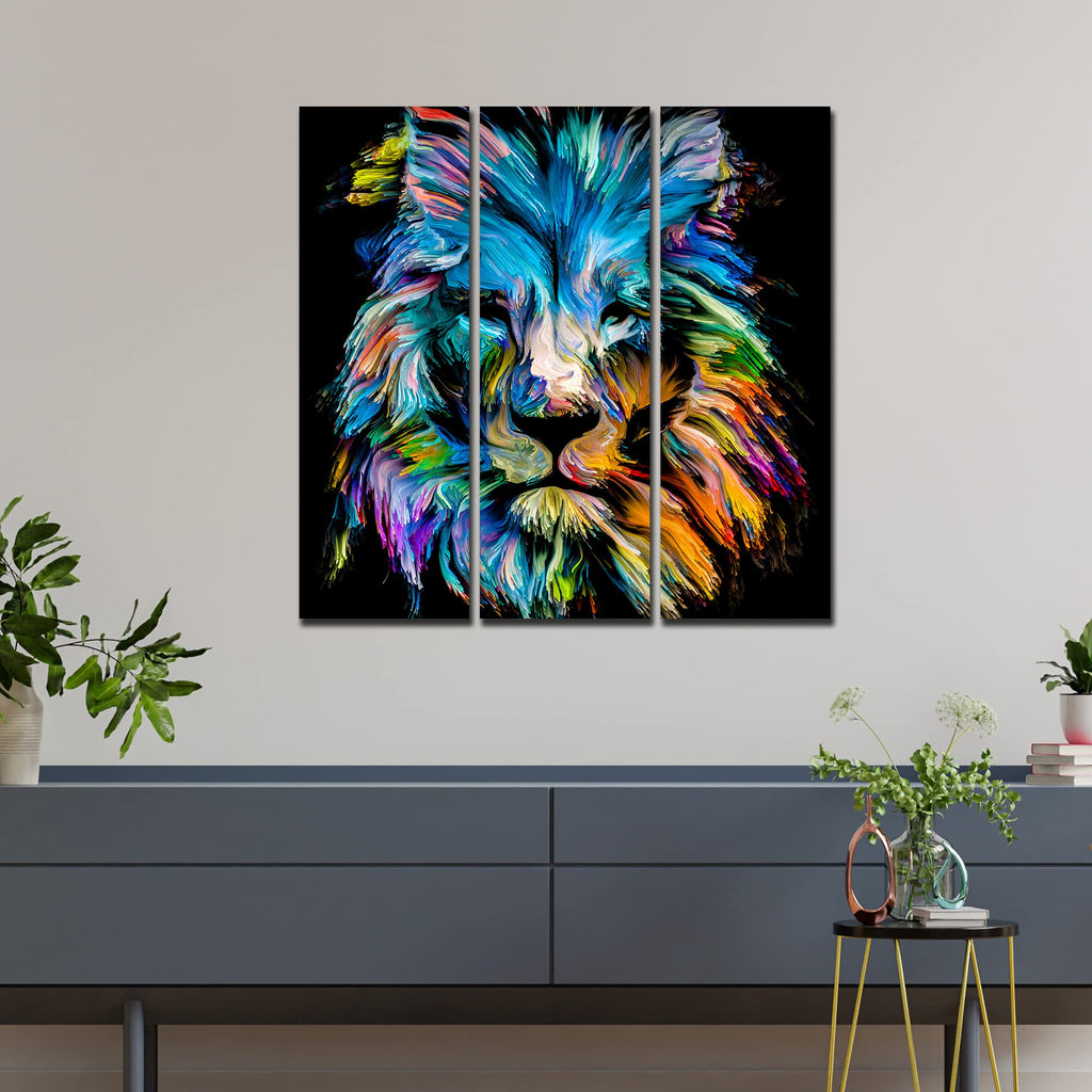 VIBECRAFTS Homcraft 3 Pieces Multicolor Head Of Lion Canvas Wall Painting Fitted With Wooden Frame For Home | Office | Living Room | Gifts (PTVC3Pcs1_9533)