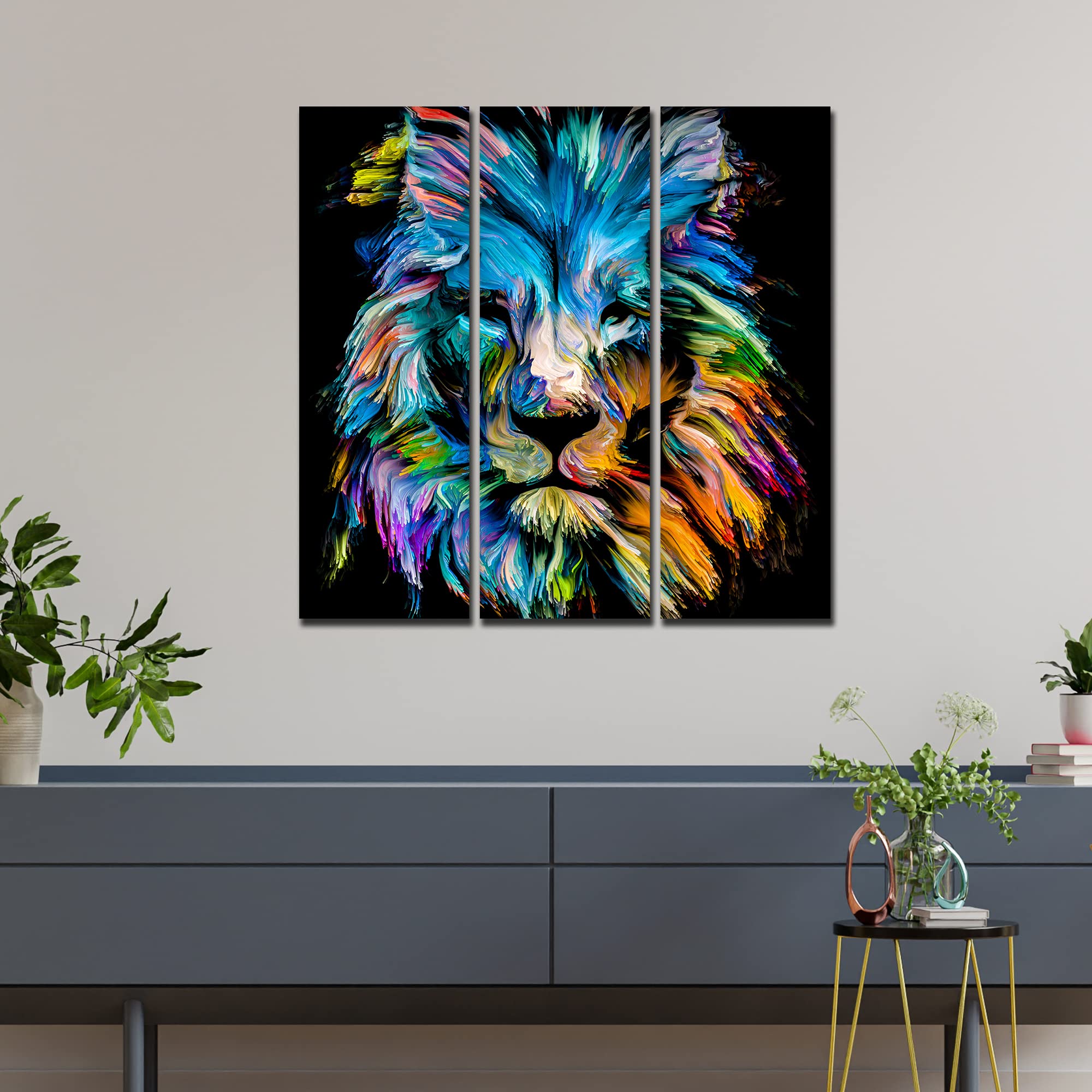VIBECRAFTS Homcraft 3 Pieces Multicolor Head Of Lion Canvas Wall Painting Fitted With Wooden Frame For Home | Office | Living Room | Gifts (PTVC3Pcs1_9533)