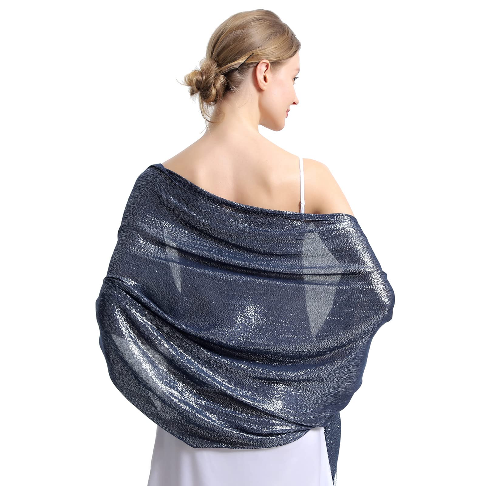 RonFoxi Sparkly Metallic Shawls and Wraps,Women's Glitter Pashmina Shawl Scarf forformal Evening Party Dresses, H-navy Silver, 29*79