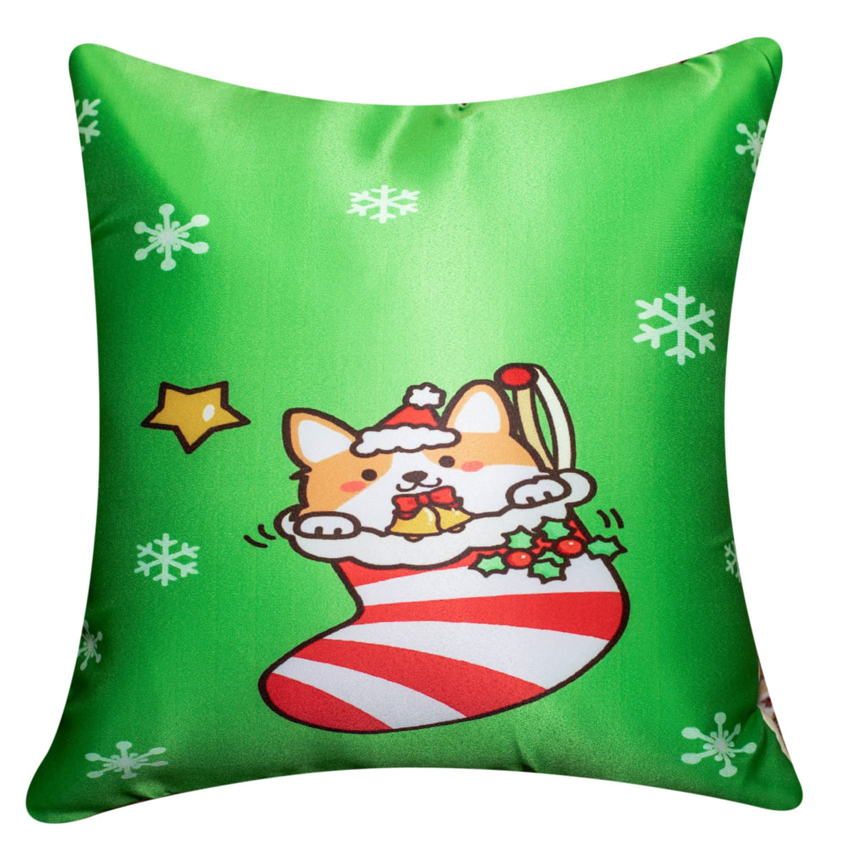 Vendola Decorative Merry Christmas Satin Cushion Cover 12 Inch x 12 Inch, Cushion Covers Set of 5, Sofa Pillow Cover Set for Home, Sofa & Living Room, Cute Animal Print, Green Red, Blue, 12X12 Inches