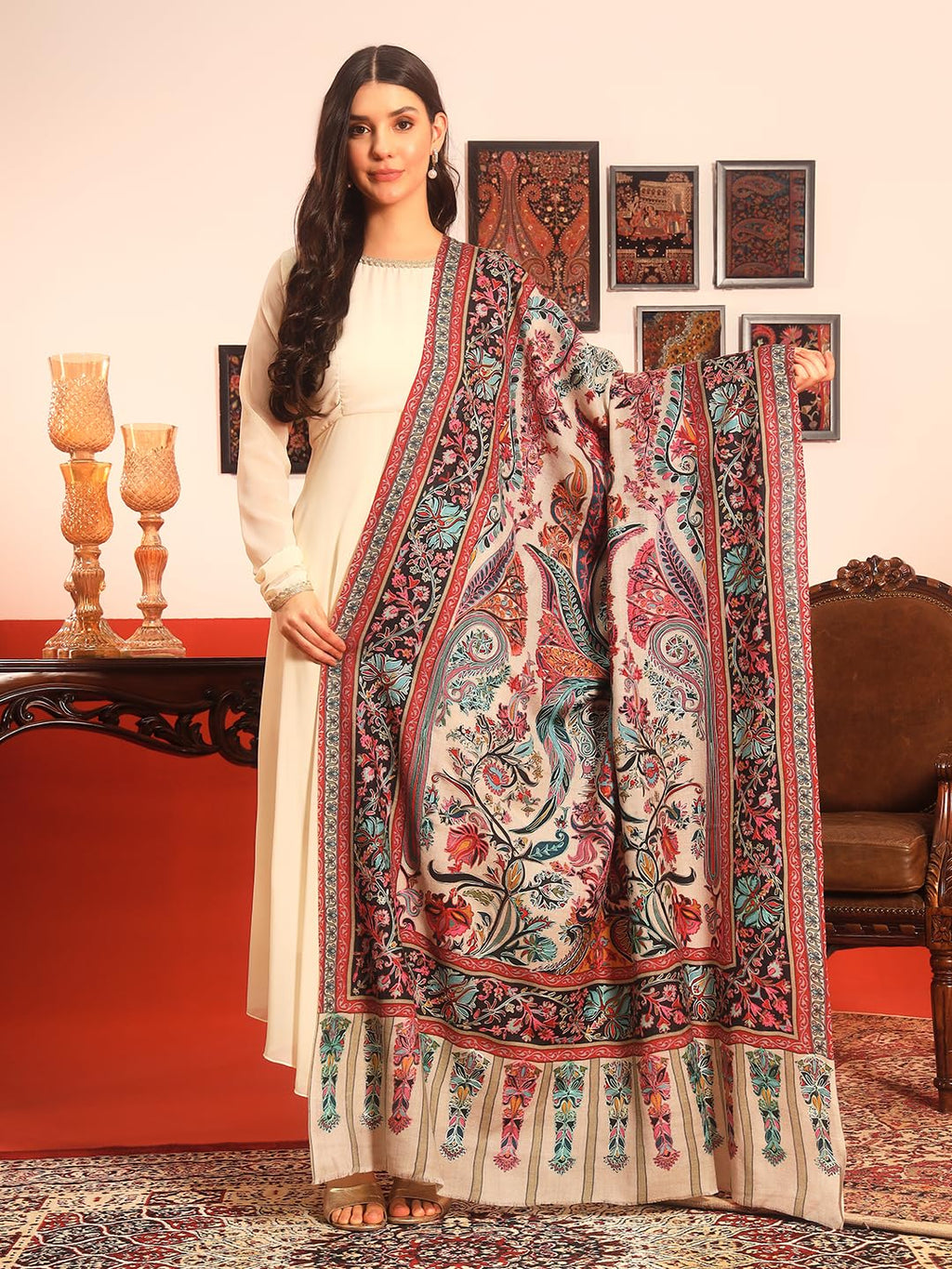 Pashmoda Women Rangkalam 100% Pure Wool Fabric Kalamkari Embroidered Shawl (Size: 40x80in, 101x203cm) KAS21