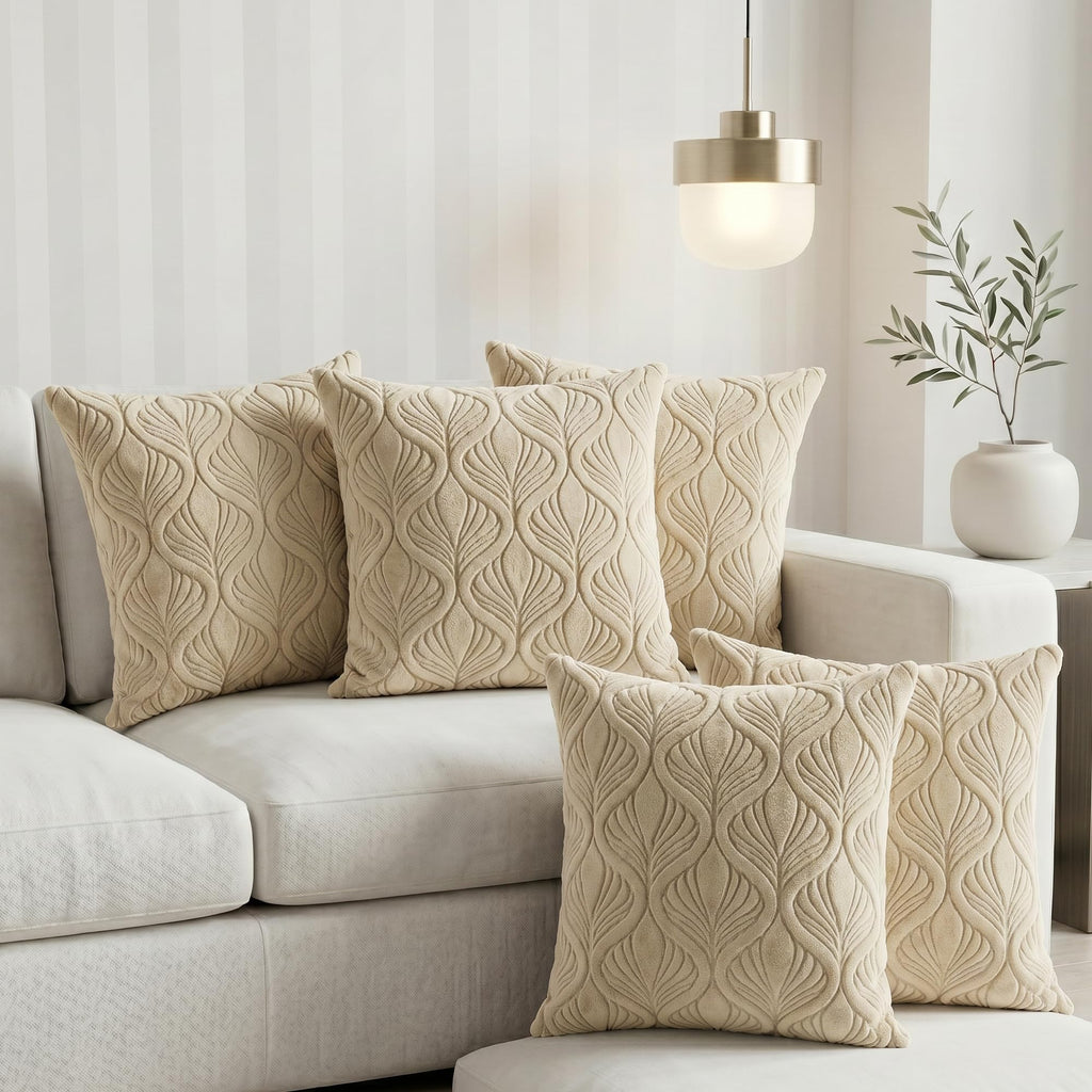 Yellow Weaves Jacquard Cushion Covers | Sofa Cushion Covers | Throw Pillow Cover for Sofa, Couch, Living Room| Removable & Washable | 16x16 Inches, Set of 5 (Beige)