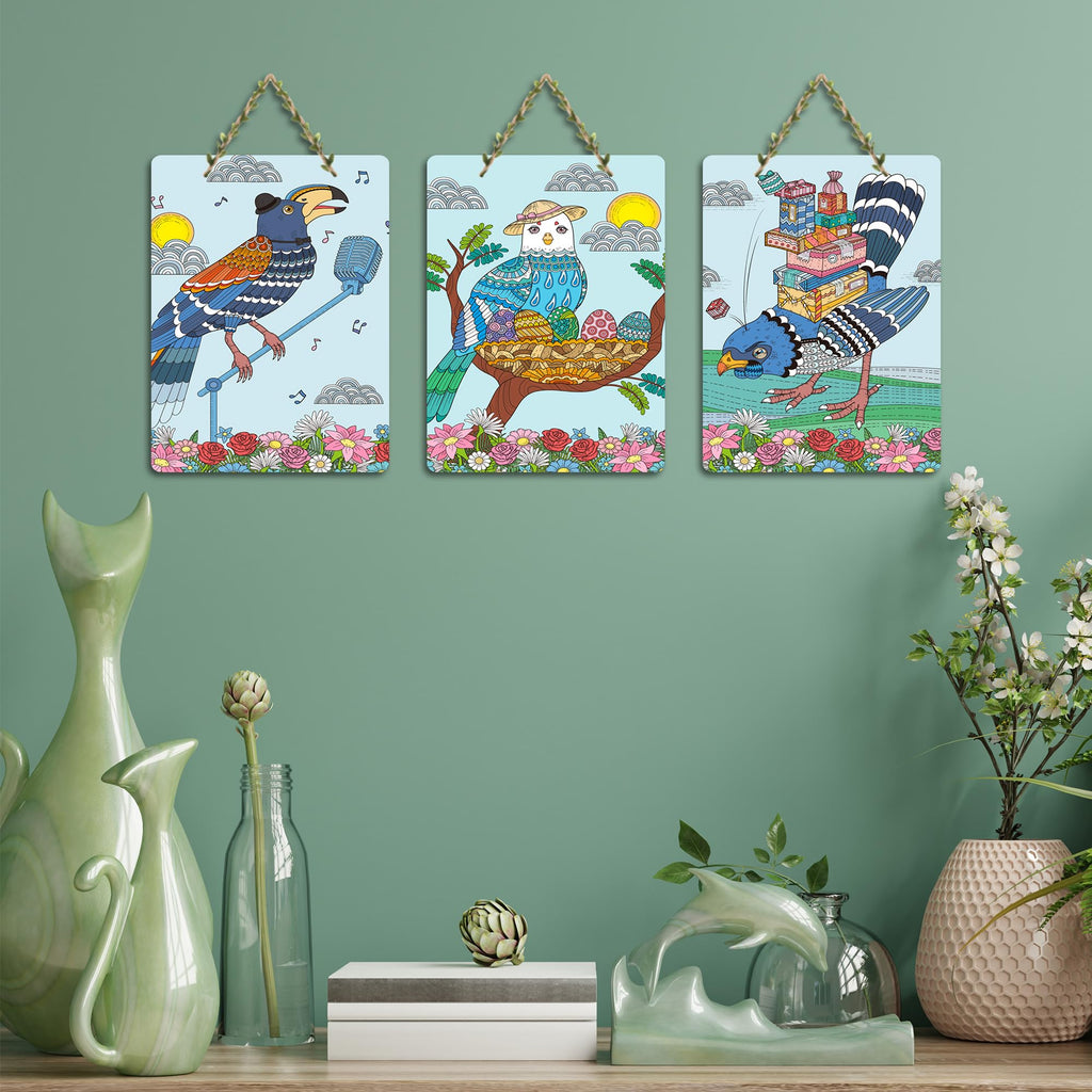 Artvibes Modern Clip Art of Birds Decorative Wall Hanging Ornaments | Garden Balcony| Stylish Modern Decoration Item | Festive Decor | Wall Illustrations | Unique Gift Items (WH_96146N), Set of 3