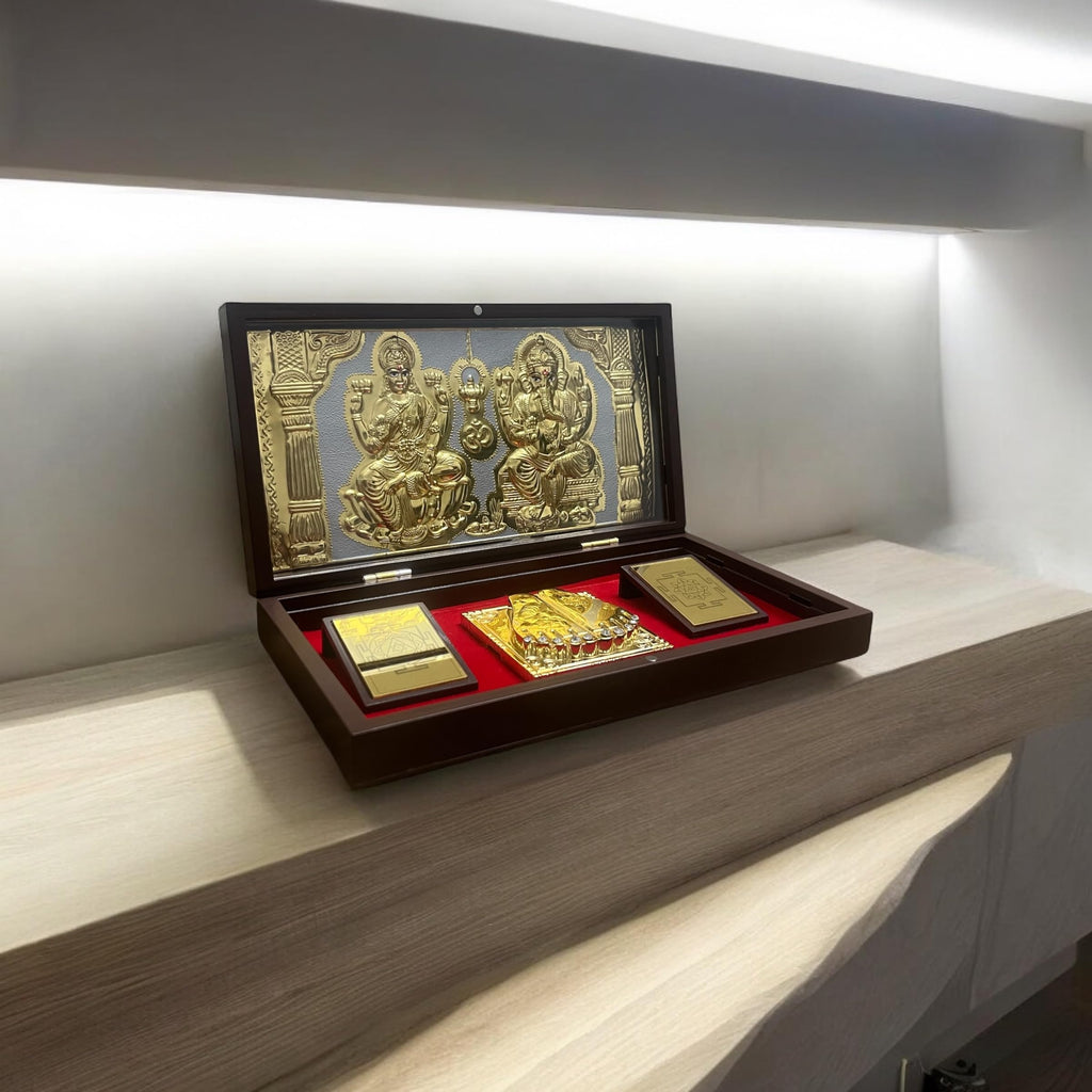 CharmInSilver 24k Gold Plated & 999 Pure Silver Coated | Jay Shri Laxmi Ganesh Charan Paduka Pooja Box | Packet Temple | Suitable Gift for Diwali,Occassions,Wealth,Prosperity & Vastu Benefits
