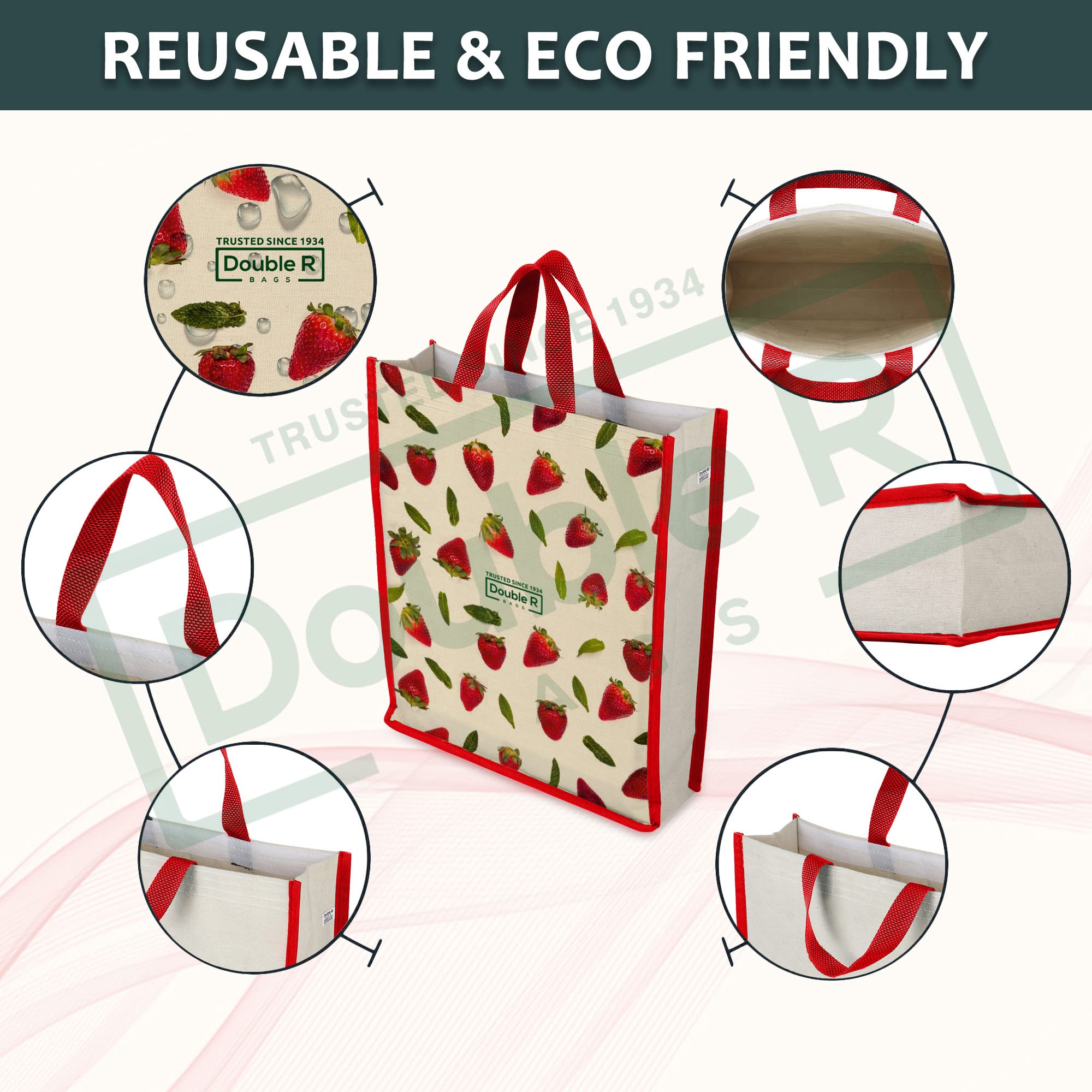 DOUBLE R BAGS Unisex Big Eco Cotton Canvas Shopping Bag for Grocery, Milk, Fruits & Vegetables | Reusable Tote with Reinforced Handles | Strawberry Print, 34x9.5x39.5 cm, 1 Compartment (Pack of 1)