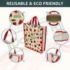 DOUBLE R BAGS Unisex Big Eco Cotton Canvas Shopping Bag for Grocery, Milk, Fruits & Vegetables | Reusable Tote with Reinforced Handles | Strawberry Print, 34x9.5x39.5 cm, 1 Compartment (Pack of 4)