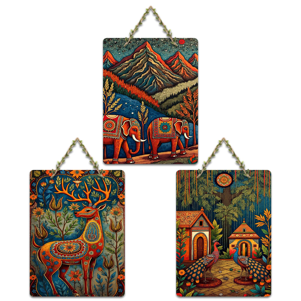 Artvibes Nature Theme Home Decor Wooden Art Decoration Item for Living Room | Festive Decor Art | Wall Art Painting For Hall | Graphic Artwork | Wall Poster | Unique Gift (WH_96109N), Set of 3