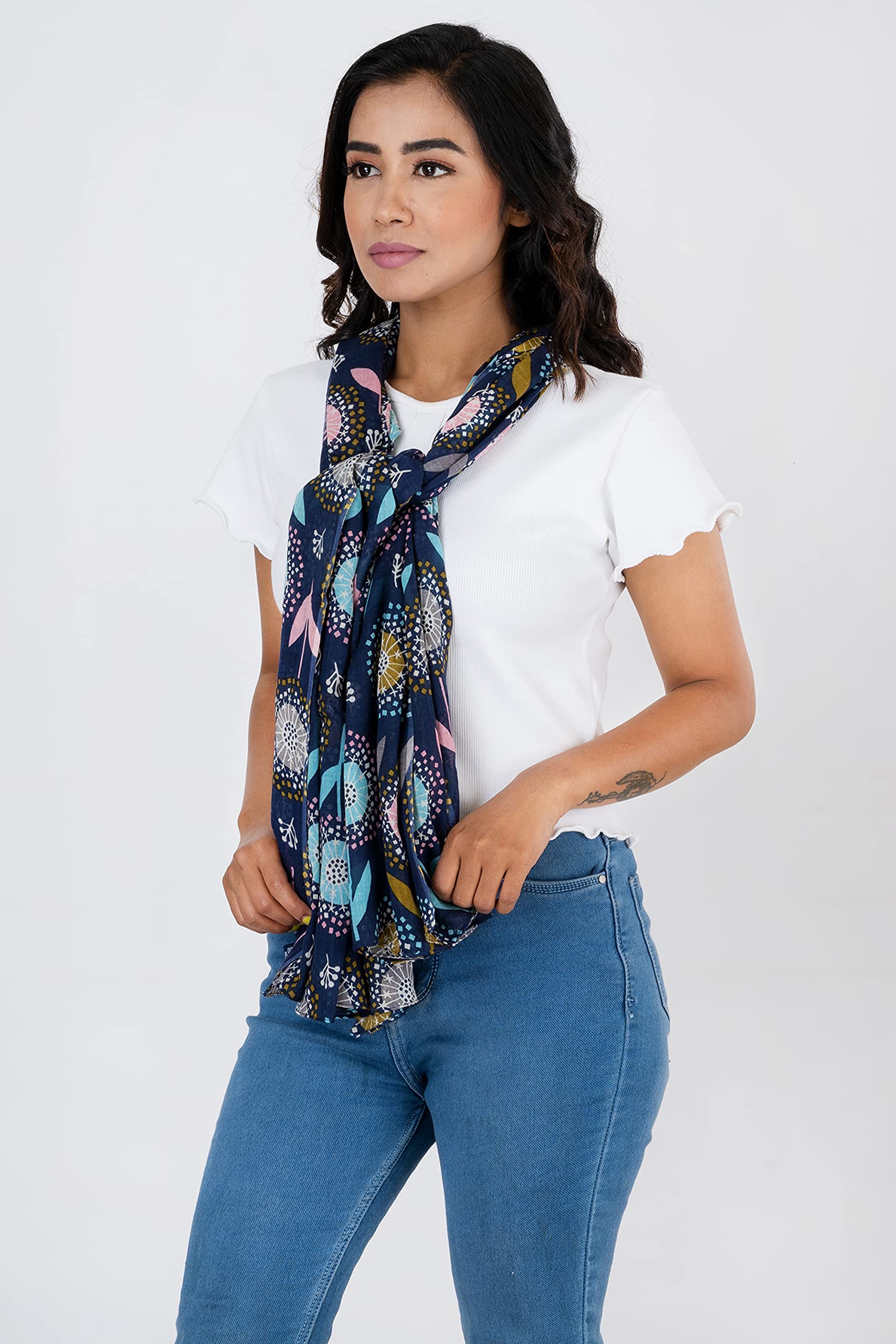 AQVA Printed Cotton Scarf for Women Stylish (Mahfil Navy) | Head and Face Cover Scarf for Girls with 100% Cotton | Soft & Lightweight Scarves/Stoles for all Weather (72 x 43 in)