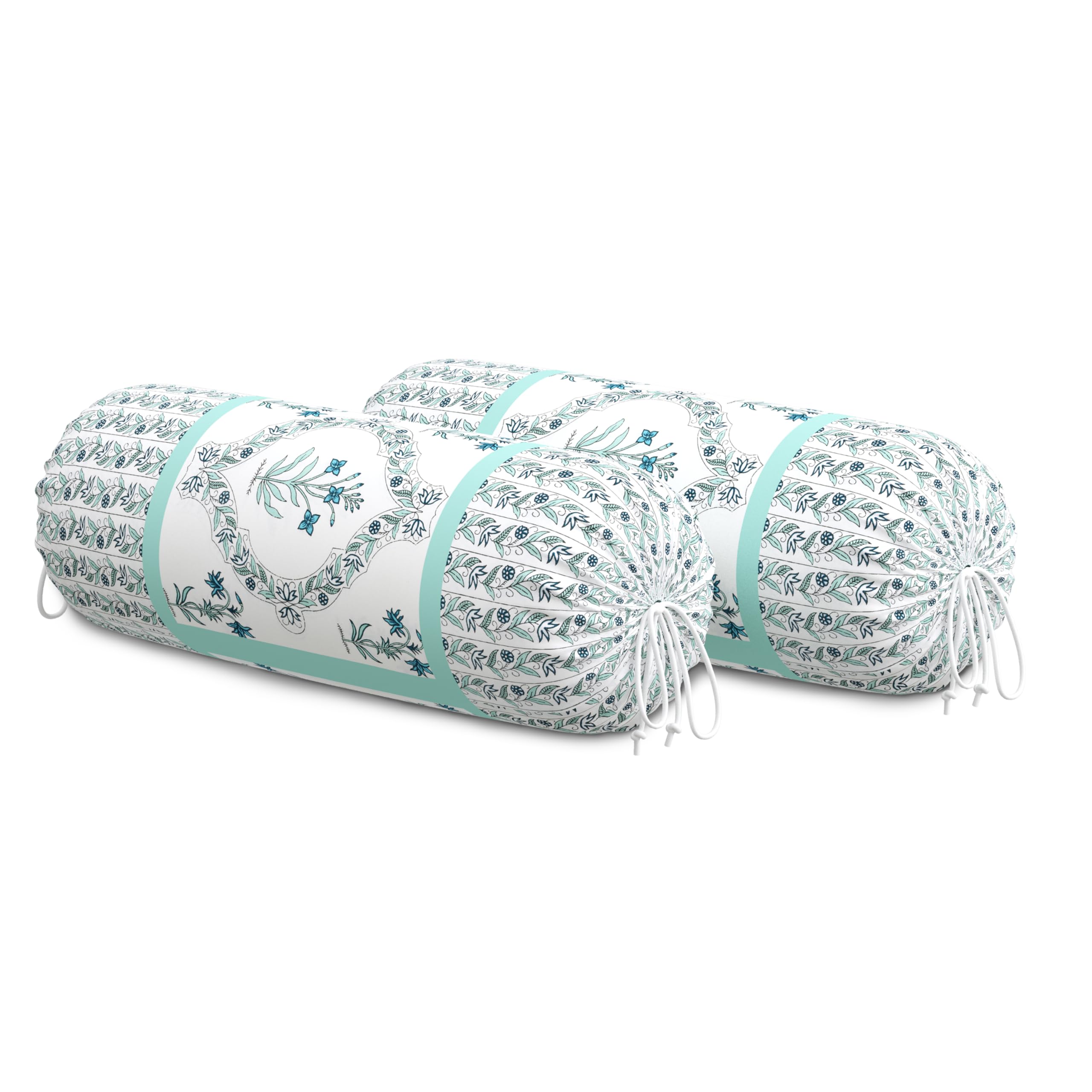 BLOCKS OF INDIA Cotton Hand Block Printed Bolster Cover | Booster Cover with Drawstring | Round Long Pillow Cover for Bed | Dewan Pillow Cover Set 16 X 32 | Set of 2 (Turquoise BEL)