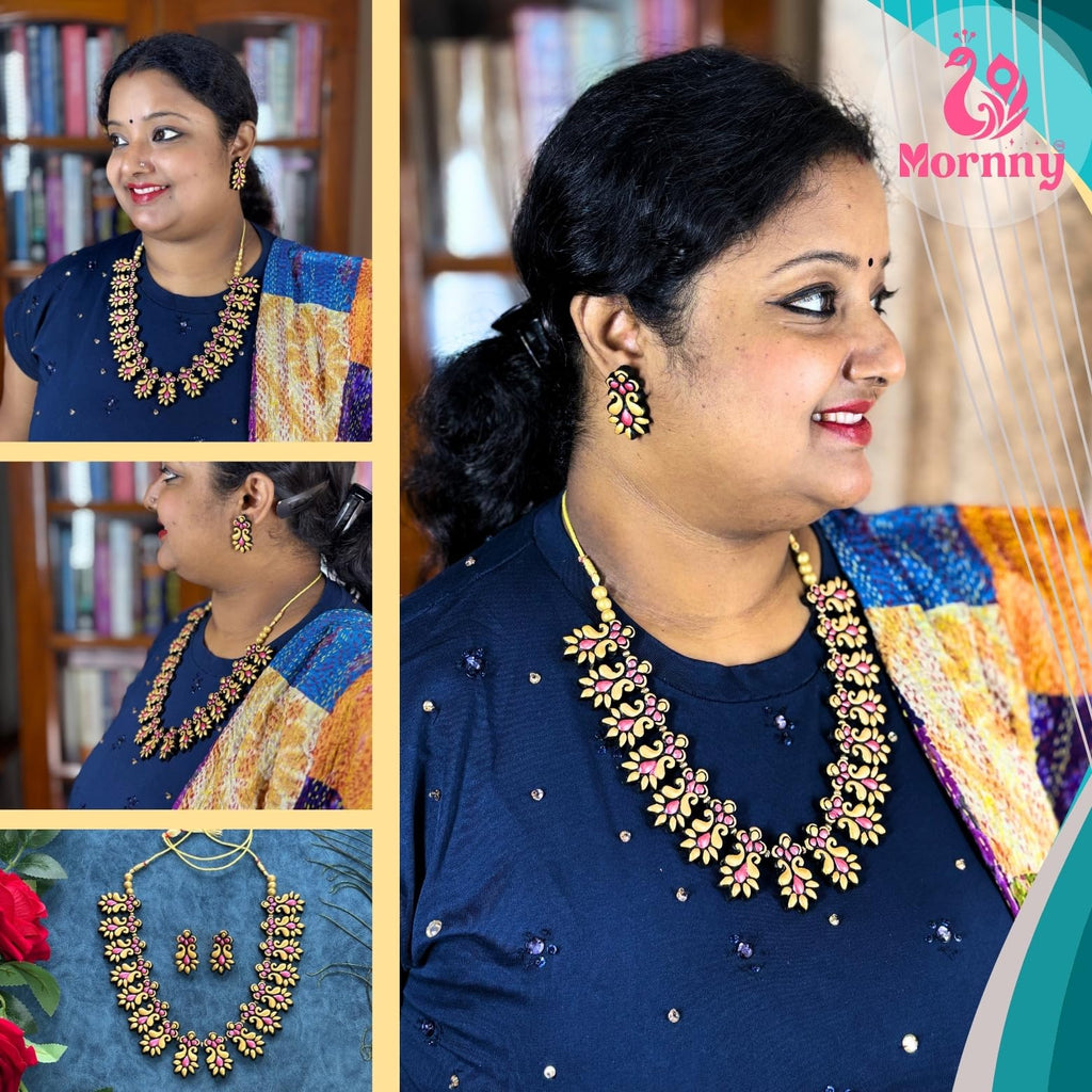 Mornny Kerala Palakka Terracotta Jewellery for Women | Necklace Set with Earrings | Hand Painted | Stylish Festive Gift for Mother, Wife, Girlfriend (Pink)