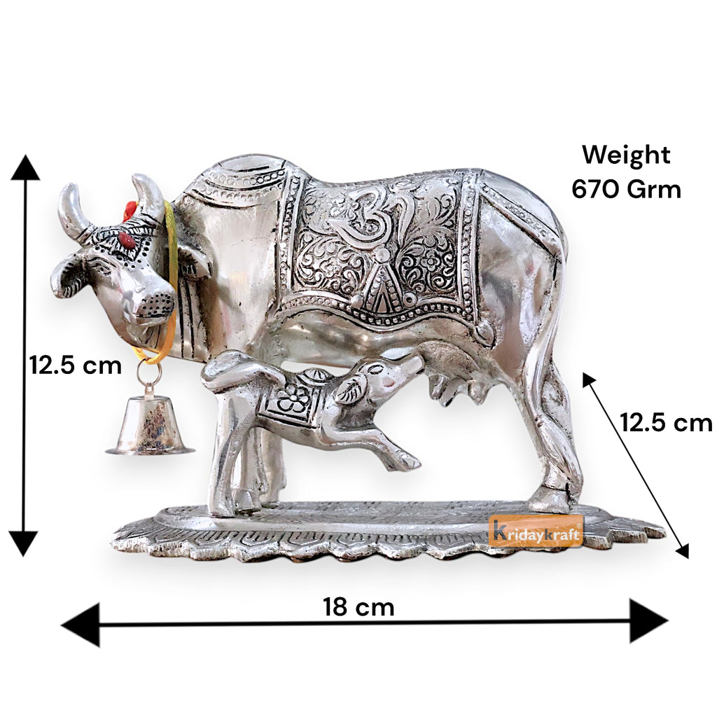 KridayKraft Metal Om Kamdhenu Cow and Calf Metal Statue for Good Luck,Feng Shui As Table Top Figurine,Vastu,Religious Gau MATA Idol Home,Office&Table Decorative,Animal