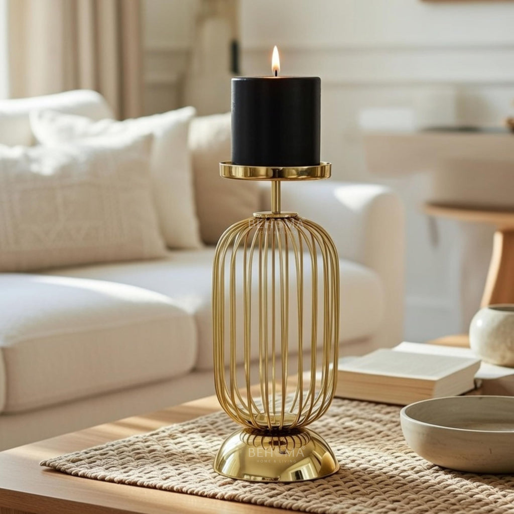 Behoma Metal Pillar Candle Holder Stand with Gold Finish - 10 Inch