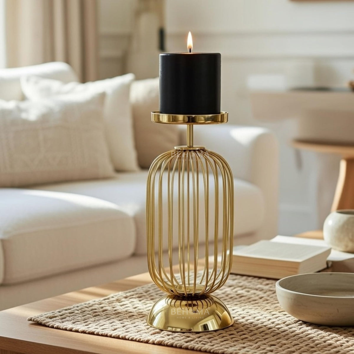 Behoma Metal Pillar Candle Holder Stand with Gold Finish - 10 Inch
