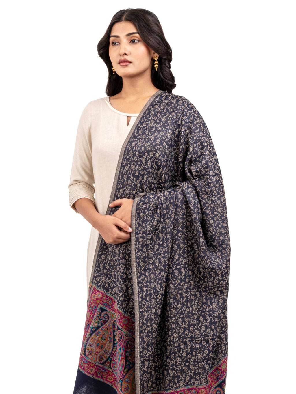 Naureen Women Pashmina Blend Kani Shawl with Paisley and Floral Border, Warm and Soft, 40x80 inch