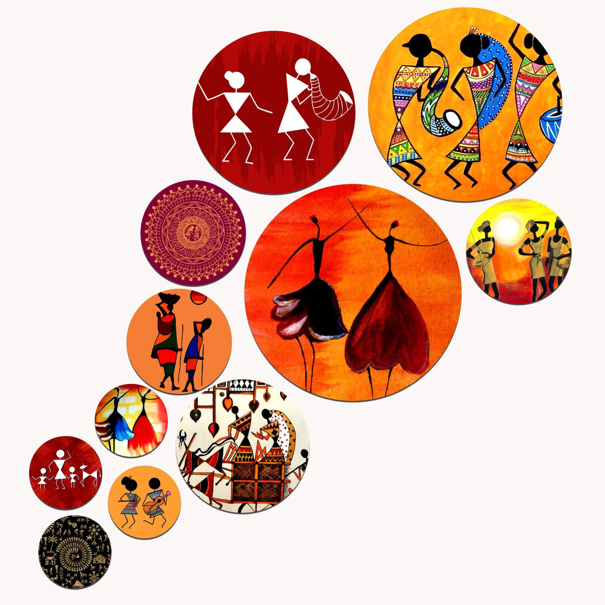 Artvibes Indian Traditional Warli Tribal Folk Dance Art Round Shape MDF Wooden Wall Decor Items for Home | Art For Wall | Modern Decor Artwork | Wall Illustrations | Gift Items (WPS_126N), Set of 11