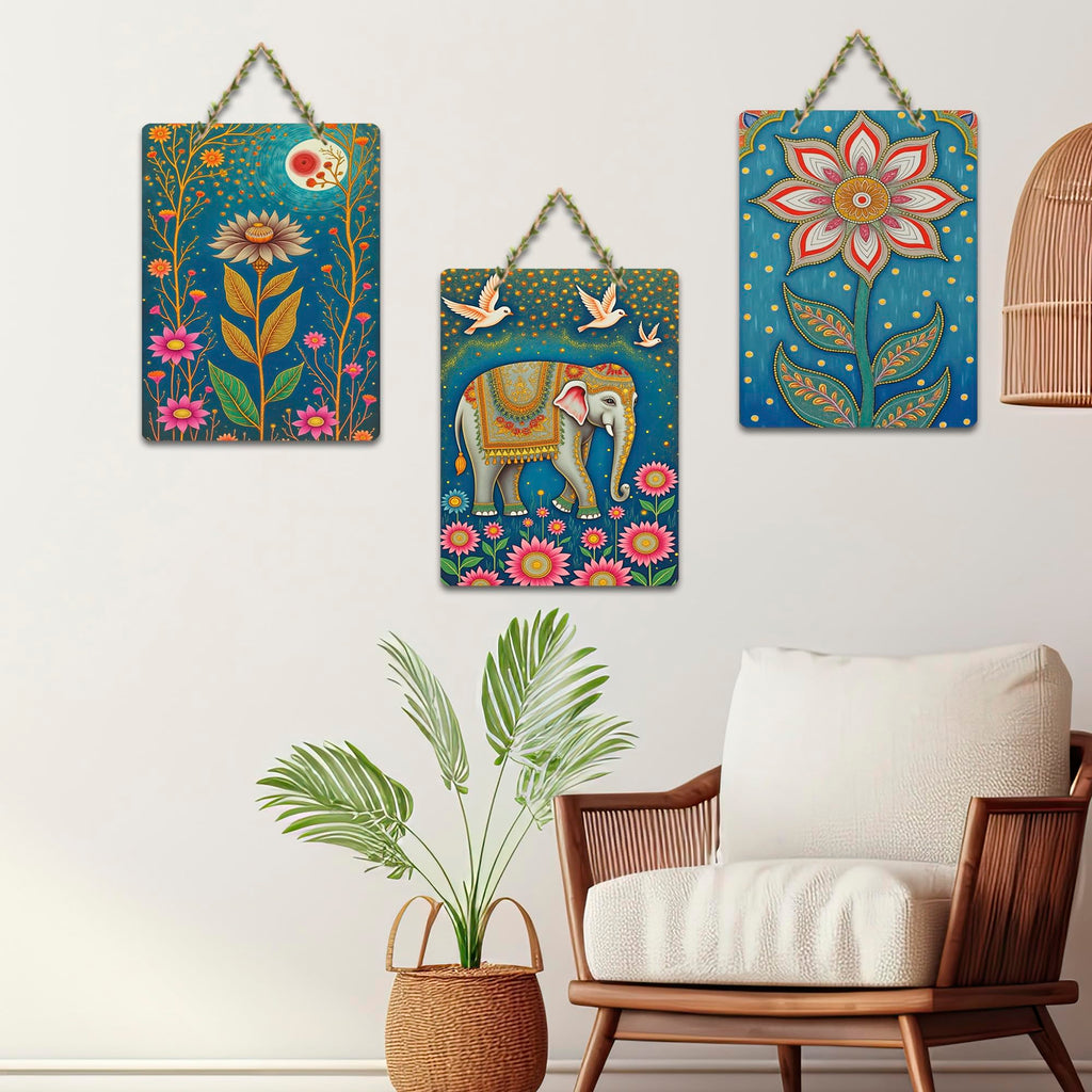 Artvibes Nature Theme Wall Art Decorative MDF Wooden Wall Art for Home | Living Room | Office | Cafe | Painting Wall Decor | Wall Poster | Ethnic Wall Decor | Unique Gift (WH_96116N), Set of 3