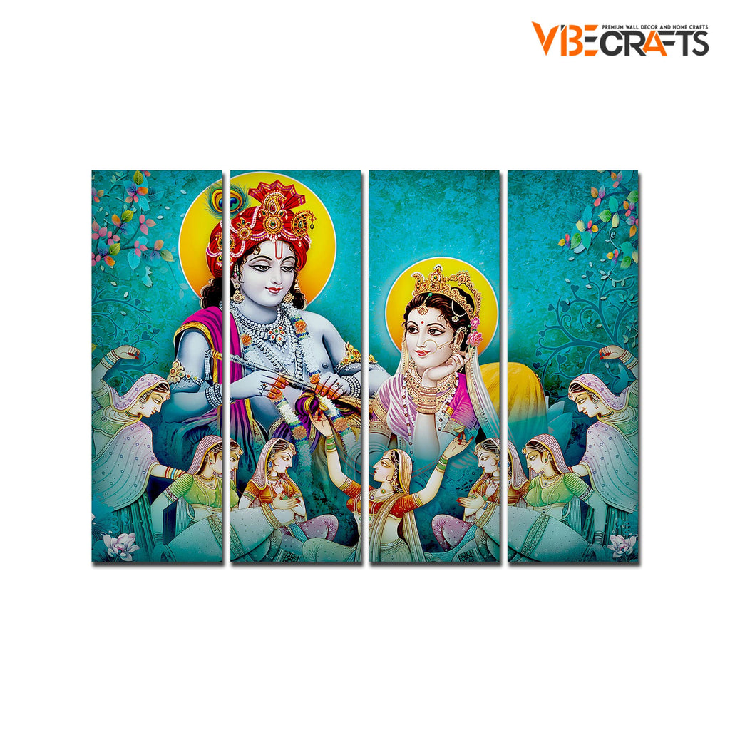 VIBECRAFTS 4 Pieces Beautiful Radha Krishna Canvas Wall Painting Fitted With Wooden Frame For Home | Office | Living Room | Gift(PTVC4Pcs1_13511)