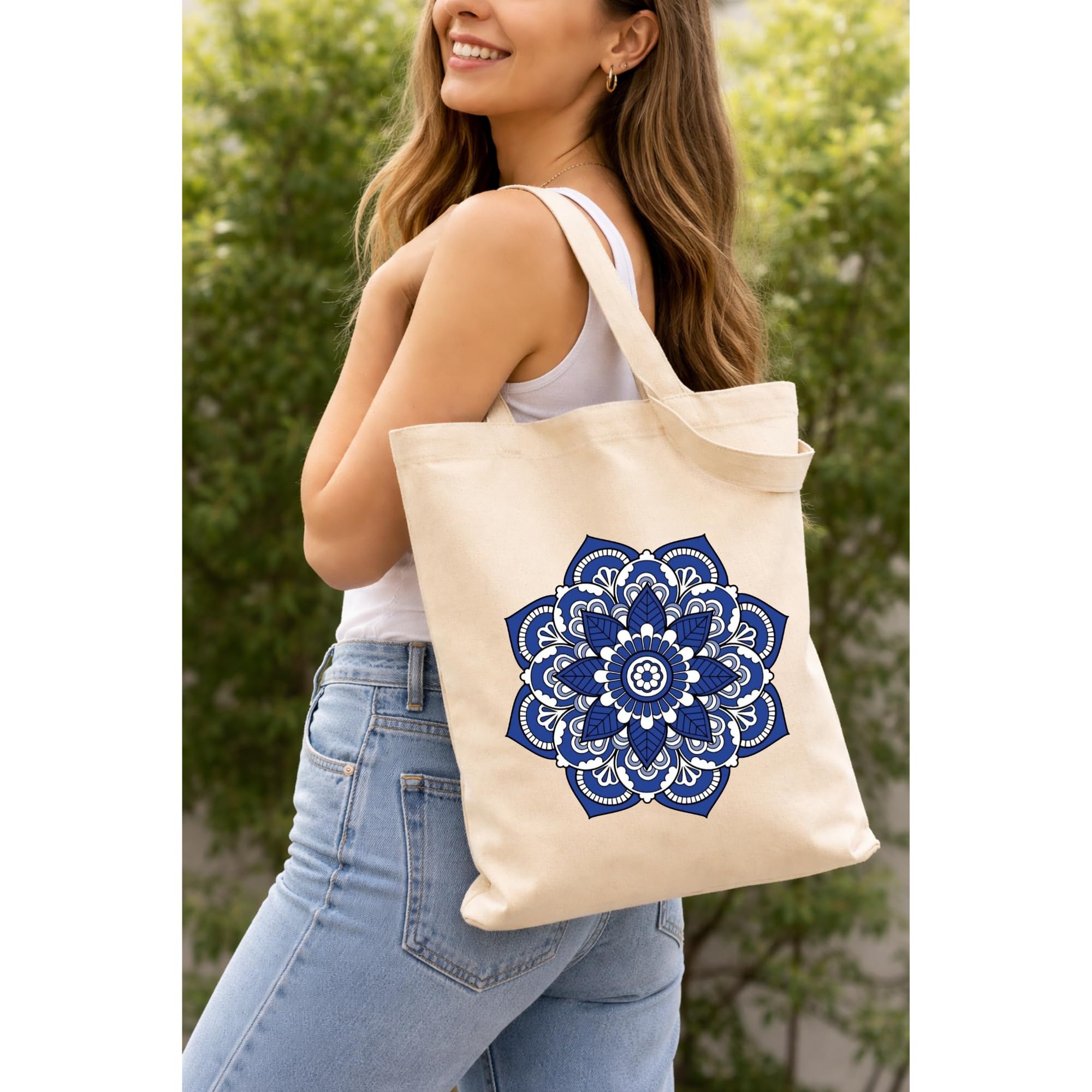 Prageet Canvas Tote Bag for Women with Zipper | 350 GSM Cotton Printed Tote | Stylish College Office Travel Shoulder Bag | Fits 14-15 Inch Laptop | Eco Friendly Reusable Cloth Handbag (MAND-BLU)