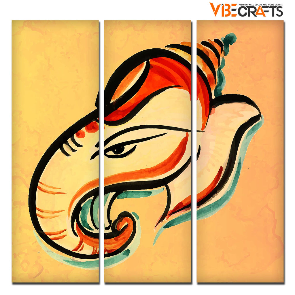 VIBECRAFTS 3 Pieces Shree Ganesha Head Canvas Wall Painting Fitted With Wooden Frame For Home | Office | Living Room | Gifts (PTVC3Pcs1_9576)