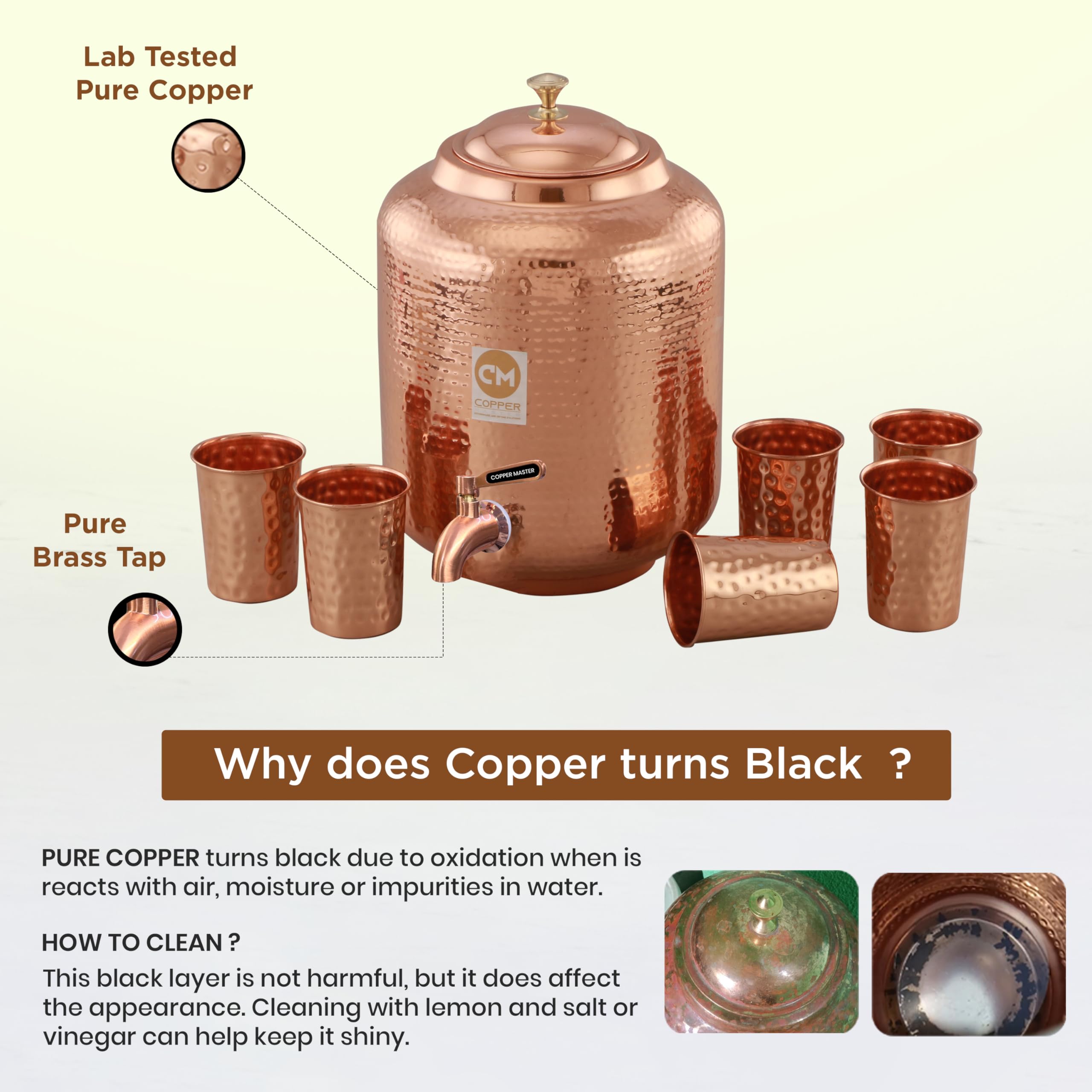 Copper-Master 18 Litre Hammered Copper Water Dispenser (Matka) Container Pot with 6 Glasses with Many Ayurvedic Health Benefits (18000 ml + 1800 ml)