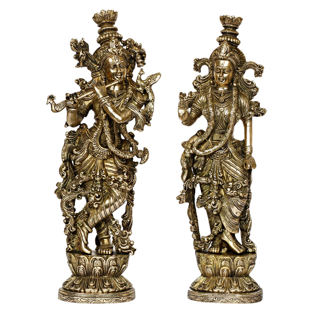 ARTVARKO Radha Krishna Brass Murti of Murli Kishan Playing Flute Radha Idol Standing on Lotus for Home Mandir Decor Marriage Height 14 Inch