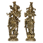 ARTVARKO Radha Krishna Brass Murti of Murli Kishan Playing Flute Radha Idol Standing on Lotus for Home Mandir Decor Marriage Height 14 Inch