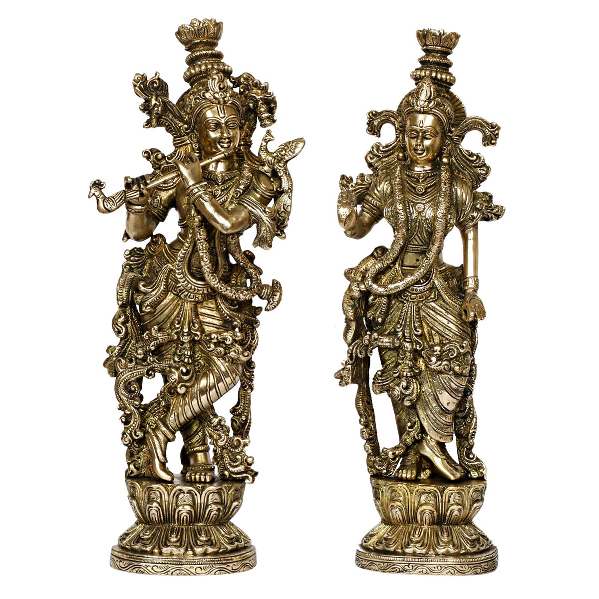 ARTVARKO Radha Krishna Brass Murti of Murli Kishan Playing Flute Radha Idol Standing on Lotus for Home Mandir Decor Marriage Height 14 Inch