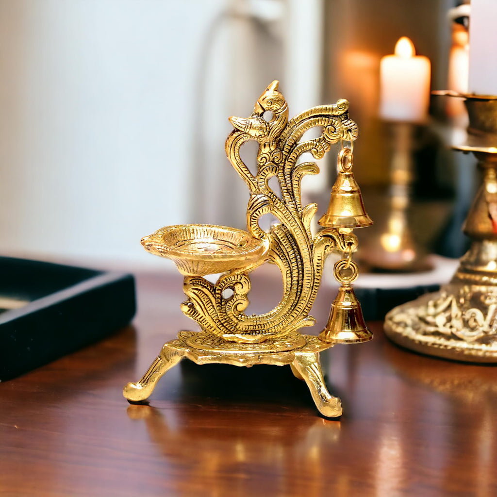 KridayKraft Aluminium Diya for Puja Room Oil Lamp in Peacock Design with Bell (Gold, Pack of 1 Pcs)