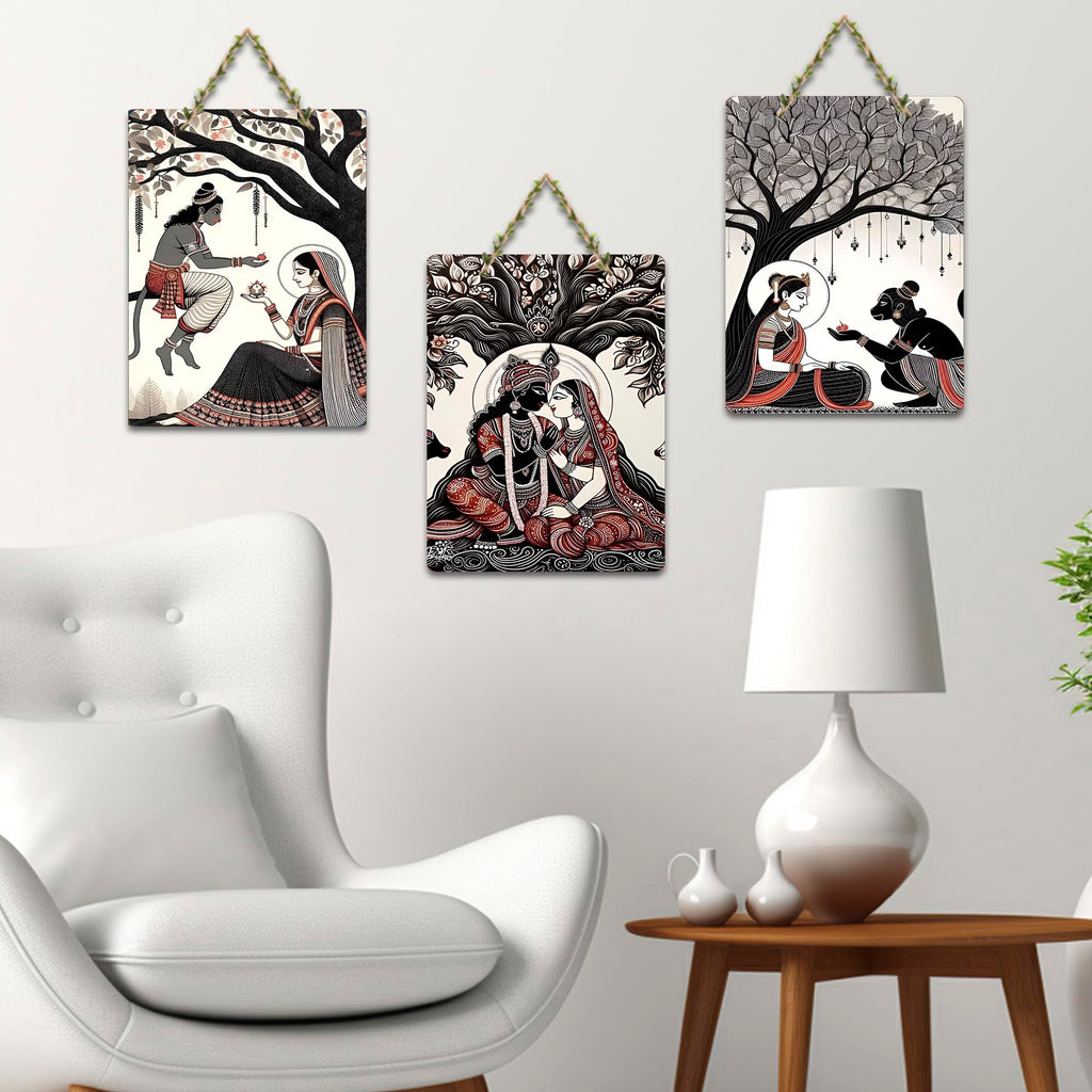 Artvibes Devotional Indian Spiritual Modern Art Wooden Art Decoration Item for Living Room | Art For Wall | Wall Sculpture | Signs & Plaques | Wall Art Print | Unique Gift Items (WH_9624N), Set of 3