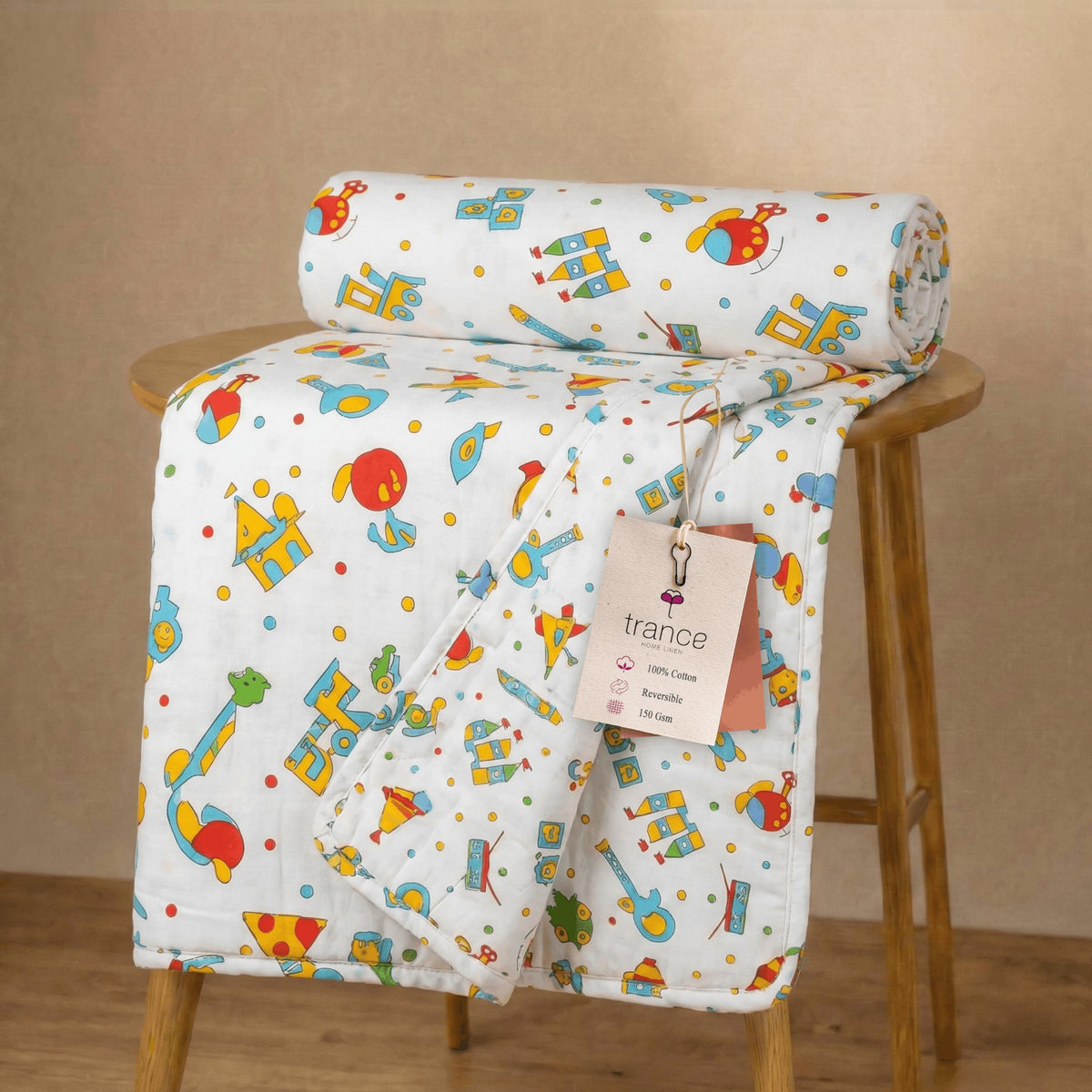 Trance Home Linen 100% Cotton | Kids Dohar | Double Bed | 150 GSM | Reversible Ac Comforter | Light Weight All Season Soft Blanket (84x88 Inches | Alphabets with Dolls) Kafalo