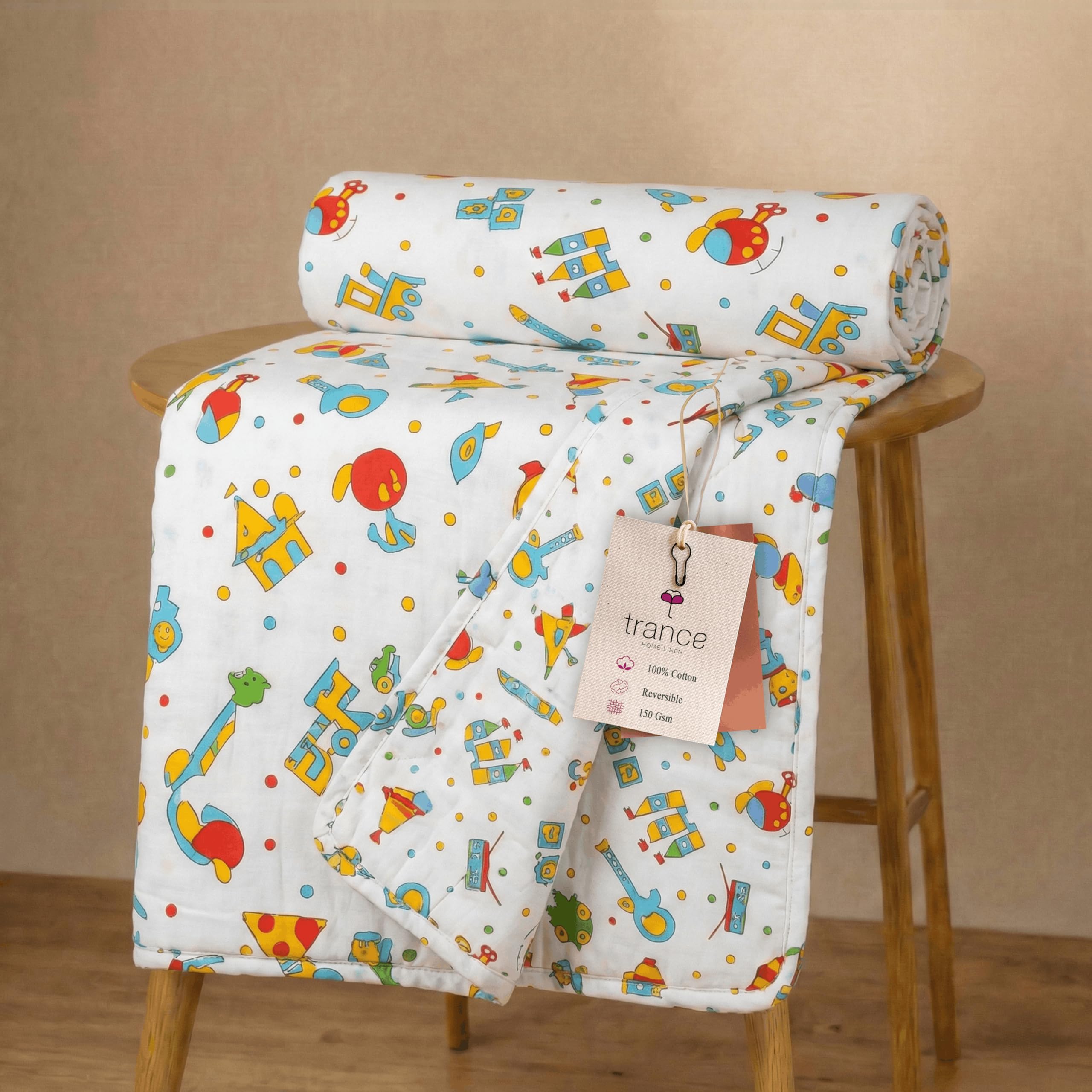 Trance Home Linen 100% Cotton | Kids Dohar | Single Bed | 150 GSM | Reversible Ac Comforter | Light Weight All Season Soft Blanket (58x90 Inches | Alphabets with Dolls) Kafalo