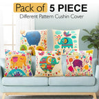 GLUN® Set of 5 Polycotton Cushion Covers, Multicolour Bohemian Elephant Print, 16 x 16 Inch Size Covers, Playful Cushion Covers for Sofa & Living Room Decor