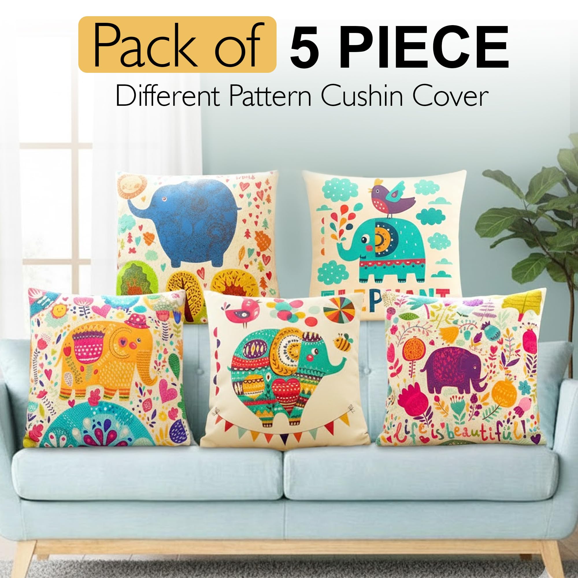 GLUN® Set of 5 Polycotton Cushion Covers, Multicolour Bohemian Elephant Print, 16 x 16 Inch Size Covers, Playful Cushion Covers for Sofa & Living Room Decor