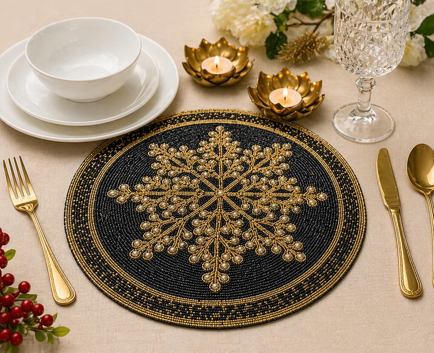 MFU - Made For You Round Beaded Table Placemat 14 Inches | Handmade Decorative Dining Mat | Charger Plate for Dining Table, Wedding, Party & Festive Decoration (Pack of 1) Kafalo
