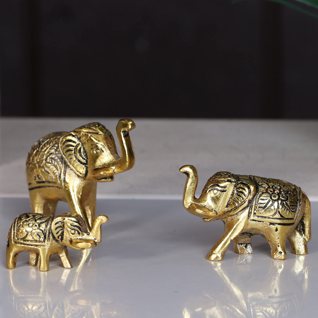KridayKraft Metal Elephant Showpiece Set of 3 (Gold Polish) - Small Trunk Up Vastu Animal Statues for Home Decor, Office Table, Living Room & Housewarming Gifting