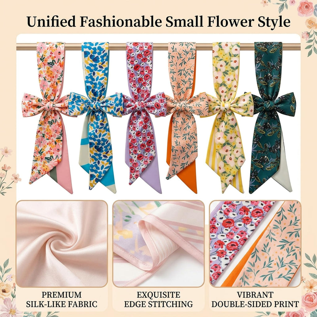 6 Pack Fashion Scarves for Women, Versatile Boho Head Scarf, Satin Scarf for Hair, Neck, Wrist, and Purse Accessories