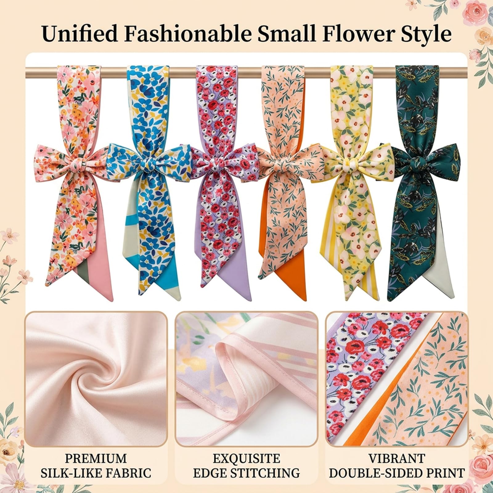 6 Pack Fashion Scarves for Women, Versatile Boho Head Scarf, Satin Scarf for Hair, Neck, Wrist, and Purse Accessories