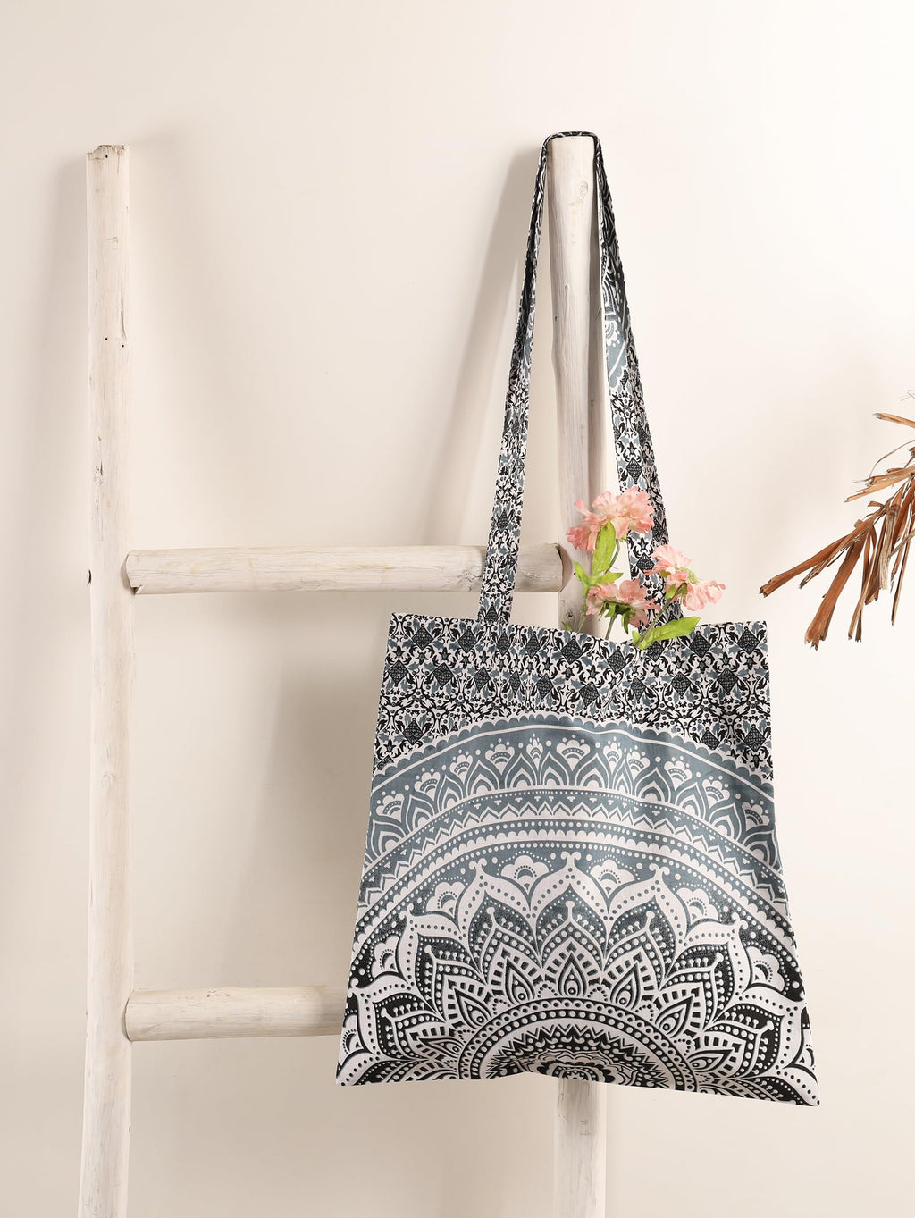 Ravaiyaa - Attitude is everything Cotton Shoulder Bag/Tote Bag For Women| Printed Multipurpose Handbag With Top Zip | Best For Shopping, Travel, Work, Beach, Office, College (White Grey Ombre Mandala)
