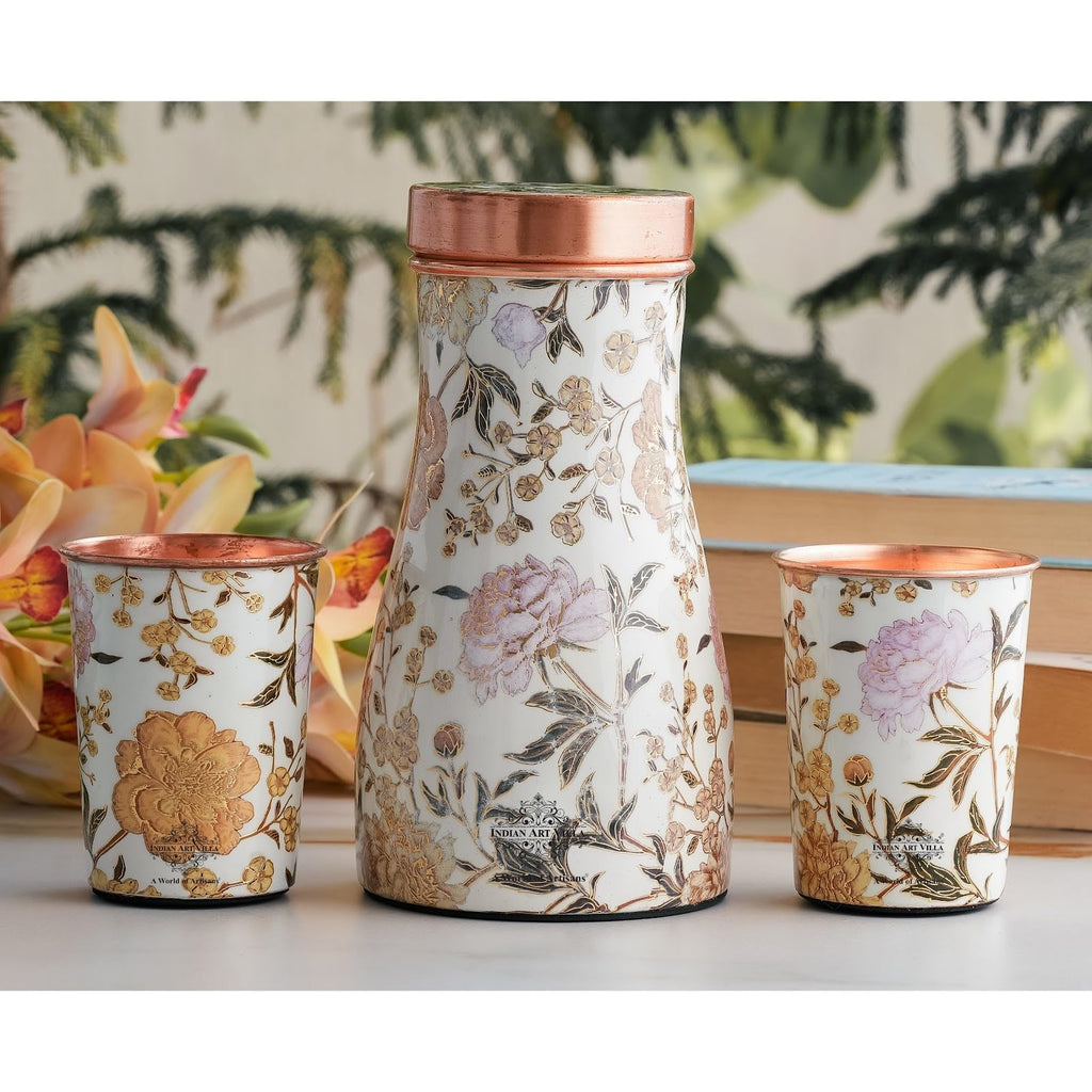 INDIAN ART VILLA Copper Gold Printed Bedroom Bottle with 2 Glass Set – 900 ML Bottle & 300 ML Glasses, Elegant Drinkware Gift Set for Home, Office, and Gifting