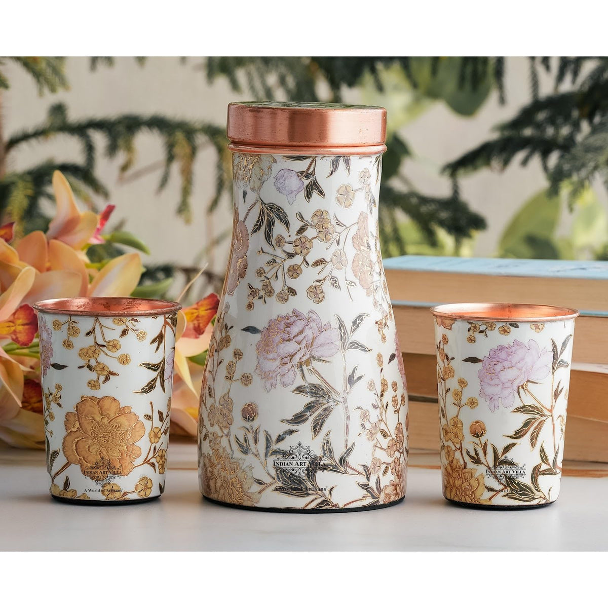 INDIAN ART VILLA Copper Gold Printed Bedroom Bottle with 2 Glass Set – 900 ML Bottle & 300 ML Glasses, Elegant Drinkware Gift Set for Home, Office, and Gifting