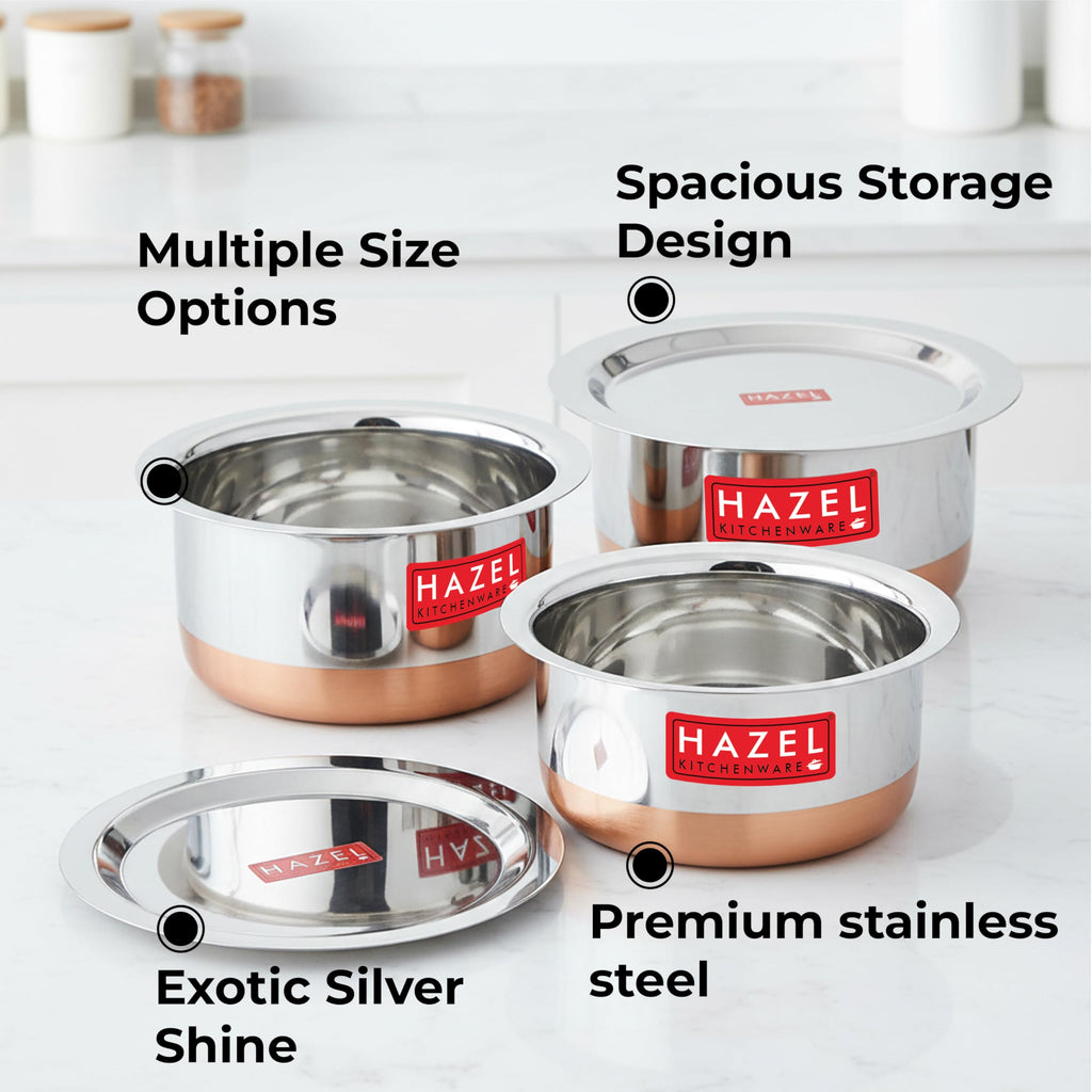 HAZEL Stainless Steel Patila Set with Lid 3 Pieces (1 L, 1.5 L & 1.9 L) | Copper Bottom Tope for Daily Cooking | Durable Kitchen Utensils Set